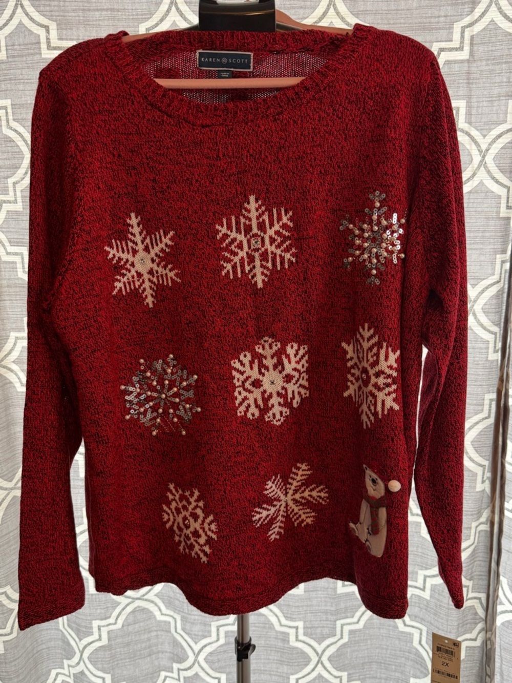 Karen Scott Red Holiday Snowflake Sweater with Bear Accent size 2x nwt